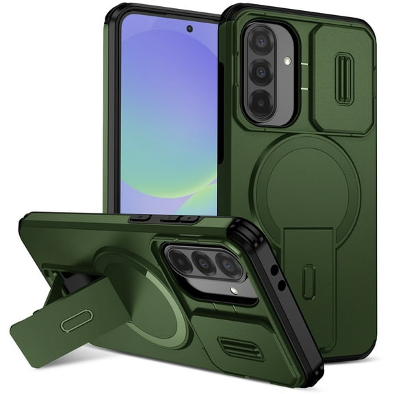 for Samsung Galaxy A26 5G Case with Camera Sliding Cover & Adjustable Kickstand, Magnetic Wireless Charging Rugged Shockproof Bumper Cases Heavy-Duty Magnetic Protective Phone Cover, Green