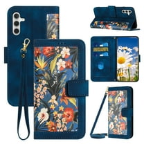 for Samsung Galaxy A26 5G Case, PU Leather Magnetic Closure RFID Blocking Card Slots Kickstand Shockproof Flip Wallet Handbag Flowers Case with Wrist Strap Shoulder Strap for Women & Girls, Darkblue