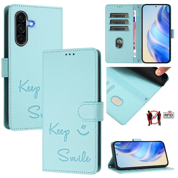 for Samsung Galaxy A26 5G Case Wallet with RFID Blocking Card Holder, Shoulder Strap & Wrist Strap, Smile Pattern PU Leather Magnetic Clasp Flip Purse Case for Samsung Galaxy A26 5G, Mint