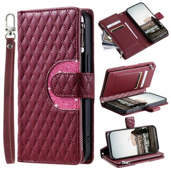 for Samsung Galaxy A26 5G Crossbody Wallet Case with Card Holders Zipper Pocket, PU Leather Case with Flip Stand, Magnetic Clasp, Wrist Strap & Lanyard, Shockproof Full Protective Cover, Winered