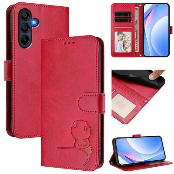 For Samsung Galaxy A26 5G Litter Panda Embossing Leather Phone Case with RFID Blocking Card Slot Wallet Magnetic Clasp Lanyard Flip Stand Case,Rose Red,For Galaxy A26 5G