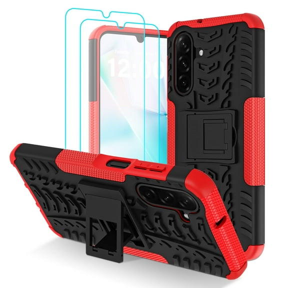 for Samsung Galaxy A17 5G/ A26 5G Phone Case with 2 Pack Screen Protector | Military Grade Shockproof | Heavy Duty Robust Bumper Cover | with Kickstand | Red