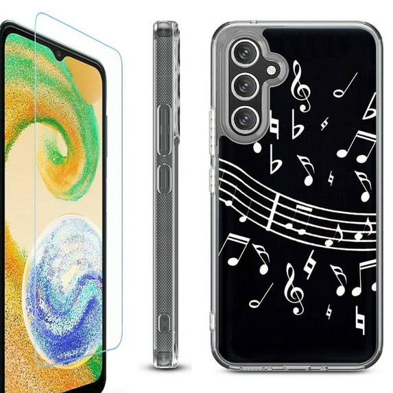 For Samsung Galaxy A26 5G Phone Case Cover, Shockproof Bumper Hybrid Case with Tempered Glass Screen Protector, by OneToughShield - Music Notes / Black
