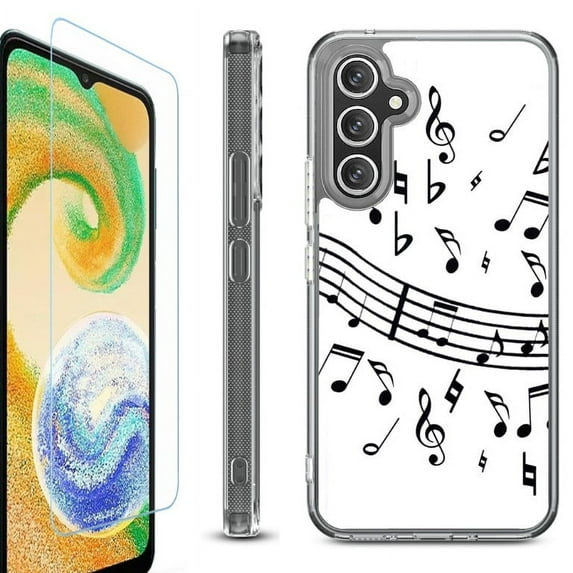 For Samsung Galaxy A26 5G Phone Case Cover, Shockproof Bumper Hybrid Case with Tempered Glass Screen Protector, by OneToughShield - Music Notes / White