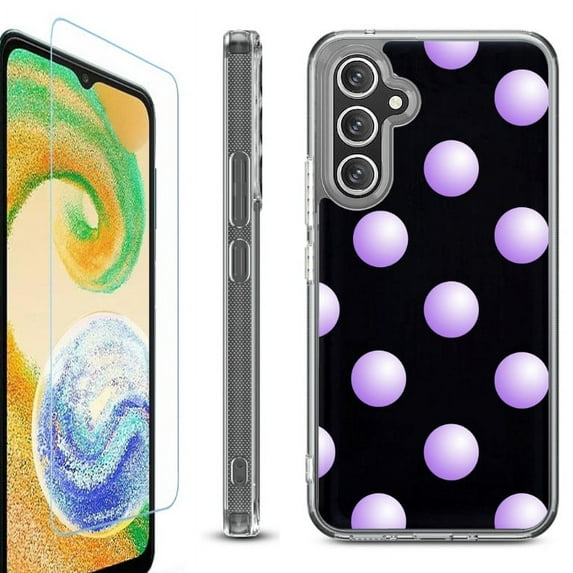 For Samsung Galaxy A26 5G Phone Case Cover, Shockproof Bumper Hybrid Case with Tempered Glass Screen Protector, by OneToughShield - Polka Dot / Purple