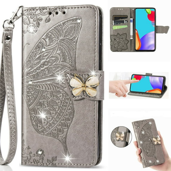 for Samsung Galaxy A26 5G Phone Case Wallet, Women Flip Folio Cover with Credit Card Holders Diamond Emboss Butterfly Flower PU Leather Purse Wrist Strap Kickstand Case for A26 5G, Gray