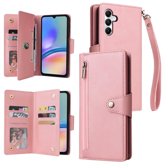 for Samsung Galaxy A26 5G Wallet Case with Card Slots & Zipper Pocket, PU Leather + TPU Full Body Protective Phone Case with Kickstand Magnetic Clasp Wrist Strap Shockproof Rugged Cover, Rosegold