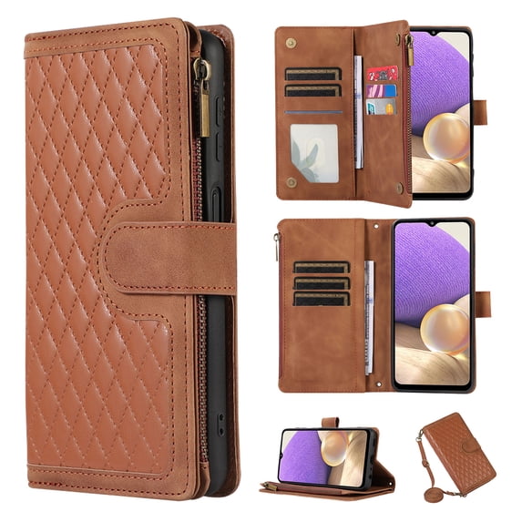 for Samsung Galaxy A26 5G Wallet Case, Heavy Duty Protection Zipper Pocket Card Slot PU Leather Flip Folio Protective Rugged Cover with Wrist Strap + Shoulder Strap for Men Women, Brown