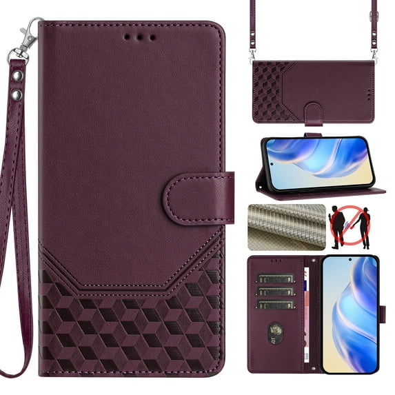 for Samsung Galaxy A26 5G Wallet Case for Men Women, RFID Blocking Card Holder Slots, Wrist Strap & Shoulder Strap Shockproof TPU Inner, Kickstand PU Leather Protective Phone Cover, Darkpurple