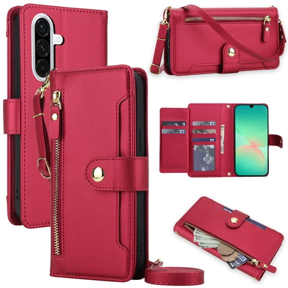 for Samsung Galaxy A26 5G Wallet Case, Multi-Functional PU Leather Flip Cover with Card Holder and Zipper Pocket, Detachable Shoulder & Wrist Strap Secure RFID Blocking Protection,Purple/Hot Pink