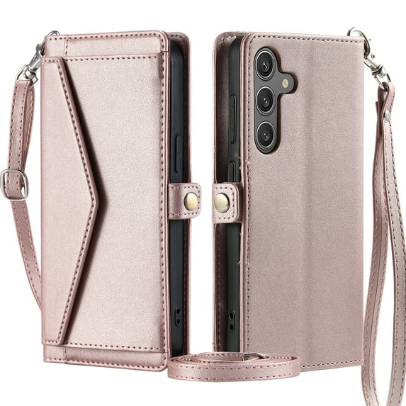 For Samsung Galaxy A26 5G Wallet Case, RFID Blocking Crossybody Shoulder Strap Hand Wrist Flip Cover Carsd Holder Snap Closure Protective Phone Case for Samsung Galaxy A26 5G, Rosegold