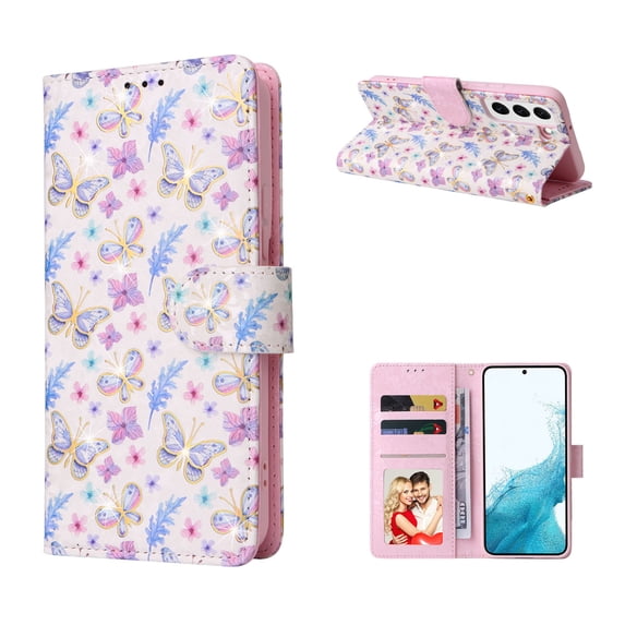 For Samsung Galaxy A26 5G Wallet Case, Stylish Flowers Pattern PU Leather Cover with Wrist Strap & Card Slots, Kickstand Magnetic Closure Shockproof Slim Case for Women Girls, Butterfly Flower