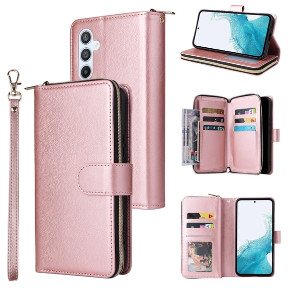 for Samsung Galaxy A26 5G Wallet Case with Zipper Pocket, PU Leather Card Holder Cover, Kickstand Magnetic Clasp Wrist Strap Heavy Duty Shockproof Protective Phone Case for Galaxy A26 5G, Rosegold