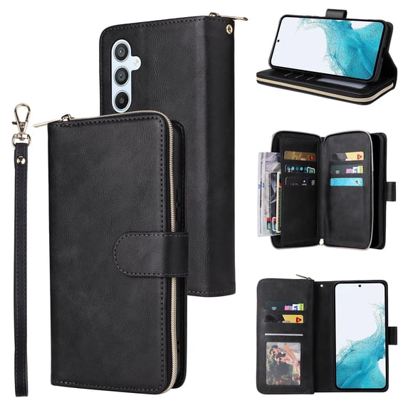 for Samsung Galaxy A26 5G Wallet Case with Zipper Pocket, PU Leather Card Holder Cover, Kickstand Magnetic Clasp Wrist Strap Heavy Duty Shockproof Protective Phone Case for Galaxy A26 5G, Black