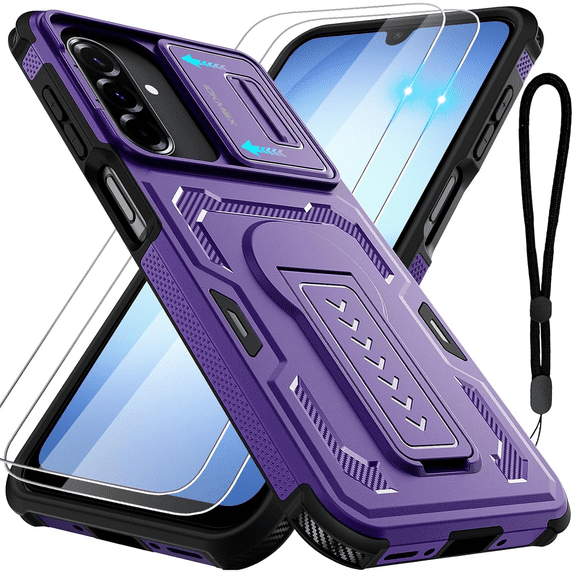 for Samsung Galaxy A26/A16/A17-5G Phone Case with 2 Pack Screen Protector, Slide Camera Cover, Kickstand & Lanyard Strap, Military Grade Shockproof Protective Heavy Duty Non-Slip Case,Purple