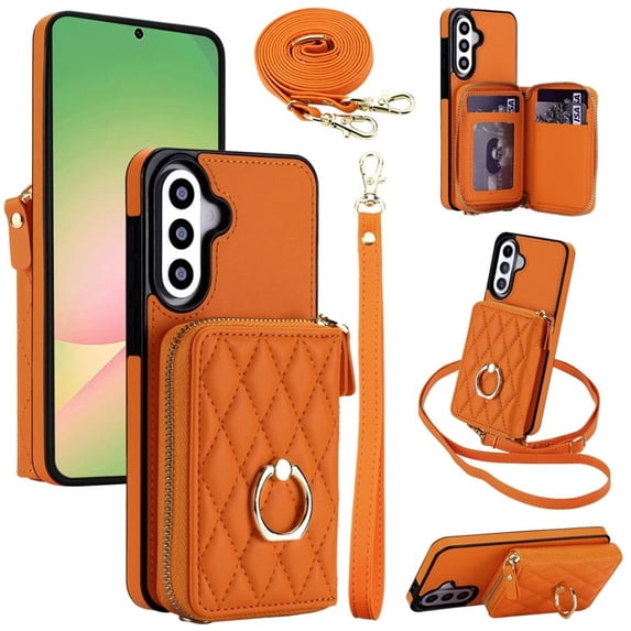For Samsung Galaxy A27 5G RFID Blocking Wallet Case Magnetic Flip Cover Multi-Card Slots Zipper Pocket With 360 ° Rotating Ring Holder Detachable Shoulder Strap And Wrist Strap,Orange