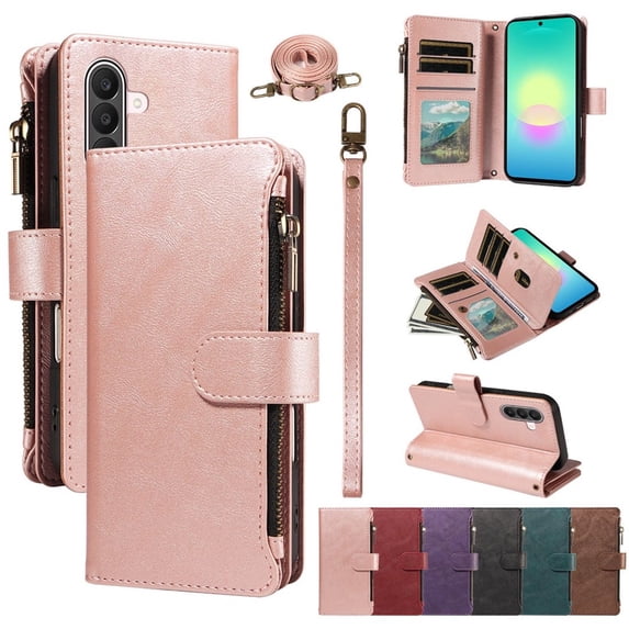 For Samsung Galaxy A27 5G Wallet Case, 9 Card Slots RFID Blocking Crossbody Leather Cover, Zipper Pocket, Detachable Wrist & Shoulder Strap, Magnetic Shockproof Protective Phone Case for Women,Pink