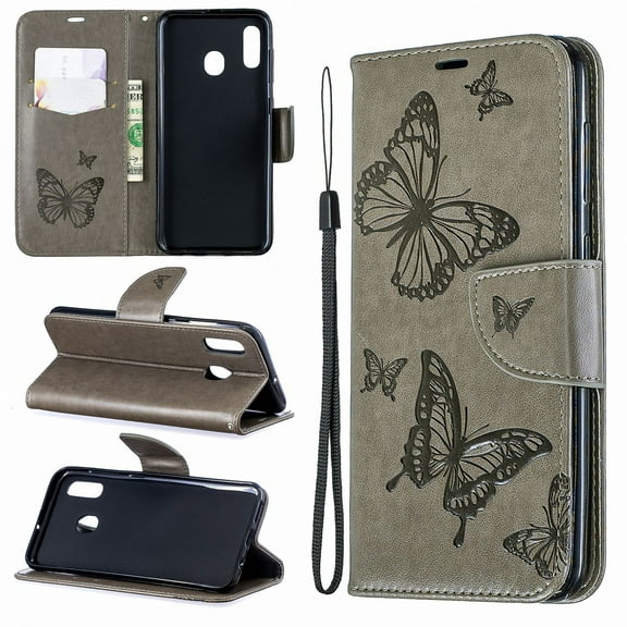 Samsung Galaxy A30 Case, Galaxy A20 Case, Dteck Embossed Butterfly Flip PU Leather Stand Wallet Case Cover For Samsung Galaxy A30/A20, Gray