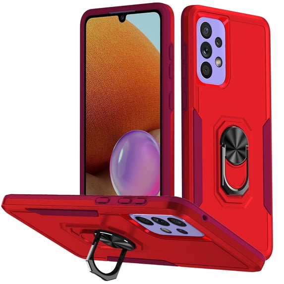 for Samsung Galaxy A32 4G Case, Slim Fit Military Grade Drop Tested Dual Layer Shockproof Case with 360 Ring Holder Kickstand Protective Rugged Car Magnetic Non-Slip Phone Case,Rose+Red