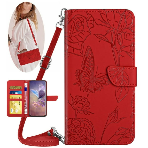 for Samsung Galaxy A32 4G Phone Case Wallet,Crossbody Strap Women Flip Folio Cover with Card Holders Butterfly Embossed Premium PU Leather Kickstand Wrist Strap Magnetic Closure Case,Red