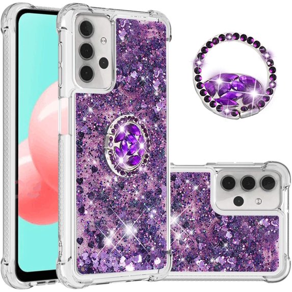 for Samsung Galaxy A32 5G 6.5" Case,Creativity Clear Quicksand Glitter Flowing Liquid Floating Soft TPU Case w/Stand Bling Diamond Sparkle Phone Cover for Samsung Galaxy A32 5G Purple