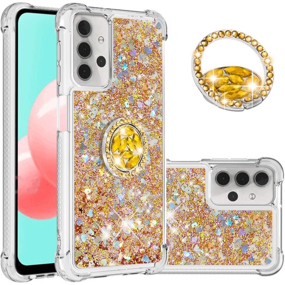 for Samsung Galaxy A32 5G 6.5" Case,Creativity Clear Quicksand Glitter Flowing Liquid Floating Soft TPU Case w/Stand Bling Diamond Sparkle Phone Cover for Samsung Galaxy A32 Colorful Gold