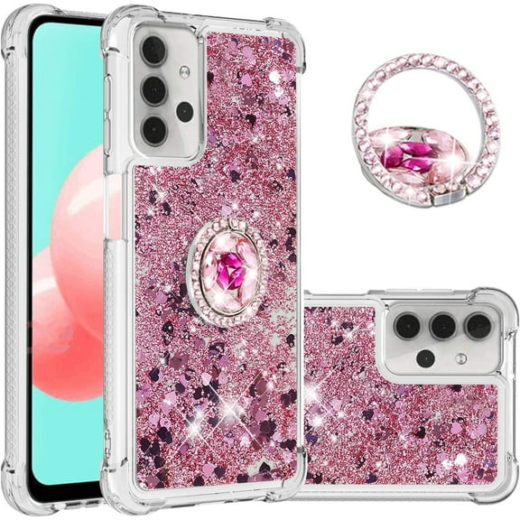 for Samsung Galaxy A32 5G 6.5" Case,Creativity Clear Quicksand Glitter Flowing Liquid Floating Soft TPU Case w/Stand Bling Diamond Sparkle Phone Cover for Samsung Galaxy A32 5G Rose Gold