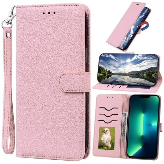 for Samsung Galaxy A32 5G 6.5 Inch Wallet Case, Lychee Pattern TPU PU Leather Magnetic Closure with Flip Kickstand Function, Credit Card Slots Holder Wrist Strap Cover for Galaxy A32 5G,Pink