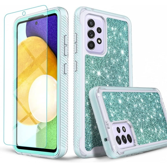 Samsung Galaxy A32 5G Case, [Not Fit Samsung A32 4G] with [Tempered Glass Screen Protector], Military Grade 12 Feet Drop Proof Phone Cover With Glitter Spot Diamond-Teal