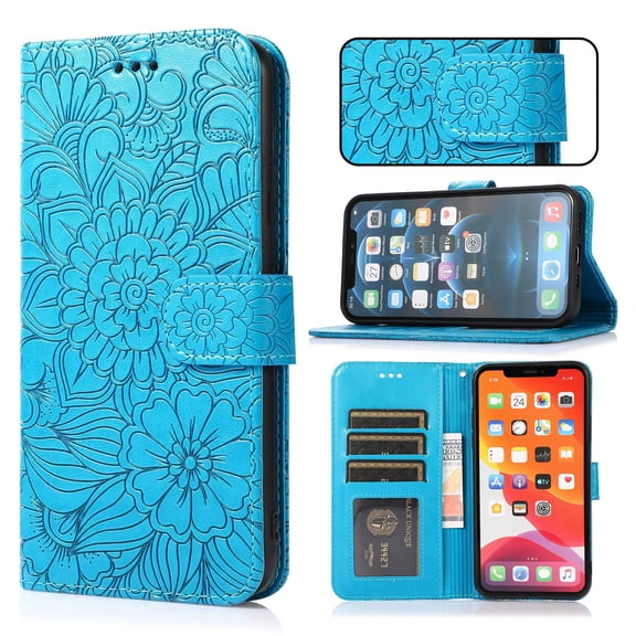 For Samsung Galaxy A32 5G Case, Premium Leather Magnetic Closure Flip Wallet Case with Card Holder Cash Slot Stand Function Embossed Flower Pattern Slim Shockproof Lanyard/Strap Cover,Blue