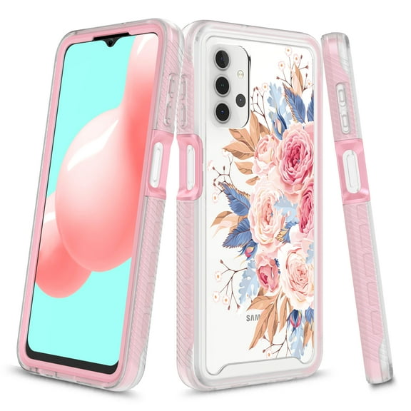 Samsung Galaxy A32 5G Case, Rosebono Graphic Design Shockproof Impact Resistant Protective Full-Body Rugged Clear Hybrid Bumper Case for Samsung Galaxy A32 5G (Pink Flower)