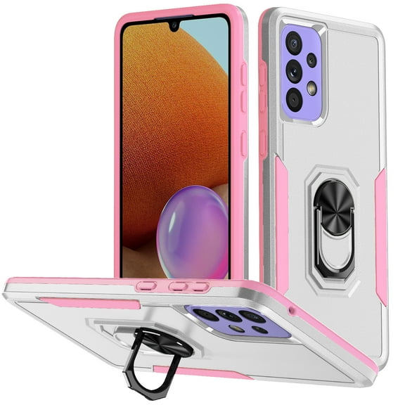 for Samsung Galaxy A32 5G Case, Slim Fit Military Grade Drop Tested Dual Layer Shockproof Case with 360 Ring Holder Kickstand Protective Rugged Car Magnetic Non-Slip Phone Case,White+Pink