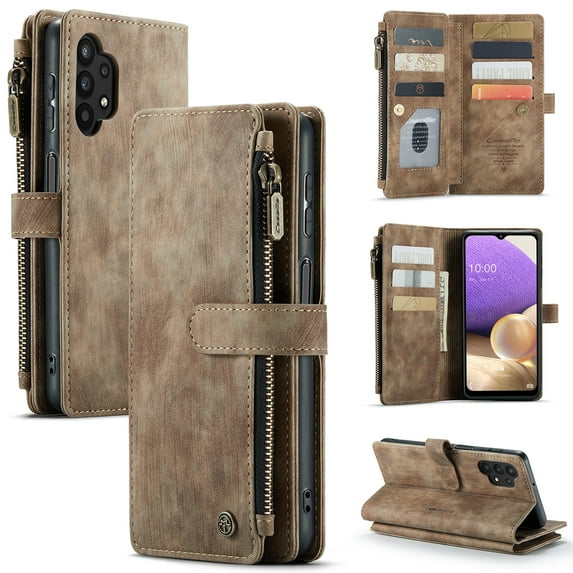for Samsung Galaxy A32 5G Case, Wallet Case with Card Holder Kickstand Magnetic Zipper Pocket Lanyard Strap Wristlet,Leather Flip Case Wallet for Samsung Galaxy A32 5G 6.5 Inch,Brown
