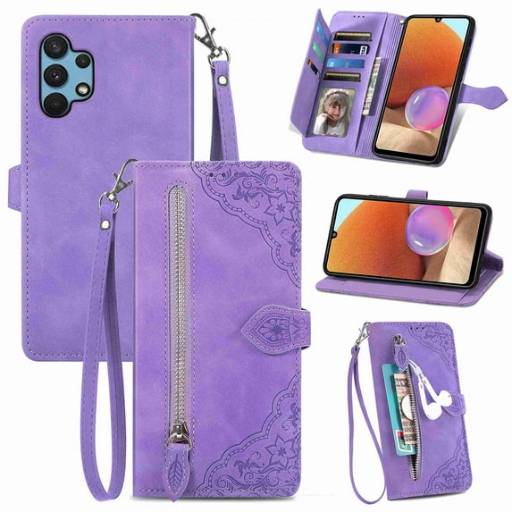 for Samsung Galaxy A32 5G Case for Women,Cute Wallet Case with Zipper Pocket Purse Flower Embossed PU Leather Card Slots Wrist Strap Flip Folio Protective Phone Cover for Samsung Galaxy A32 5G, Purple