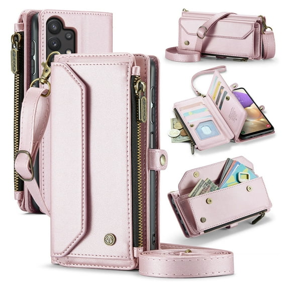 for Samsung Galaxy A32 5G Full Body Protection Wallet Folio Flip Case, Shoulder Strap & Wristlet Card Slots Zipper Pocket RFID Blocking Rugged Durable PU Leather Phone Case Cover, Pink