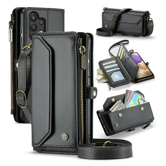 for Samsung Galaxy A32 5G Full Body Protection Wallet Folio Flip Case, Shoulder Strap & Wristlet Card Slots Zipper Pocket RFID Blocking Rugged Durable PU Leather Phone Case Cover, Black