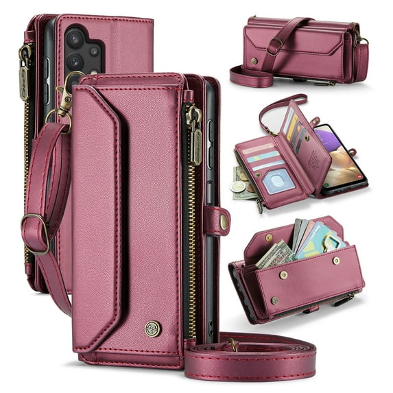 for Samsung Galaxy A32 5G Rugged Case, Classic PU Leather Shoulder Strap Wrist Strap Zipper Pocket RFID Blocking Wireless Charging Kickstand Case Cover for Samsung Galaxy A32 5G, Winered