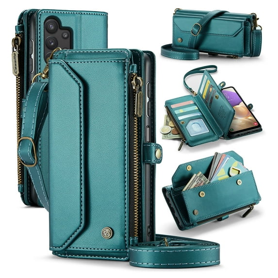 for Samsung Galaxy A32 5G Rugged Case, Classic PU Leather Shoulder Strap Wrist Strap Zipper Pocket RFID Blocking Wireless Charging Kickstand Case Cover for Samsung Galaxy A32 5G, Green