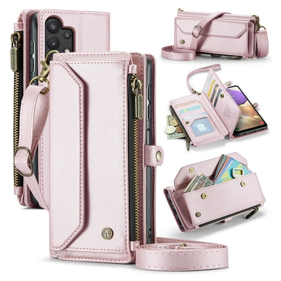 for Samsung Galaxy A32 5G Rugged Case, Classic PU Leather Shoulder Strap Wrist Strap Zipper Pocket RFID Blocking Wireless Charging Kickstand Case Cover for Samsung Galaxy A32 5G, Pink