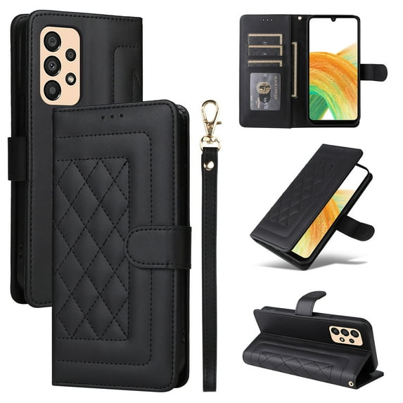 for Samsung Galaxy A32 5G Thin Fit Case Cover, Premium PU Leather Magnetic Wallet Flip Case with Stand Bracket Holder Flip Cover with Card Slots and Wrist Strap for Samsung Galaxy A32 5G - Black