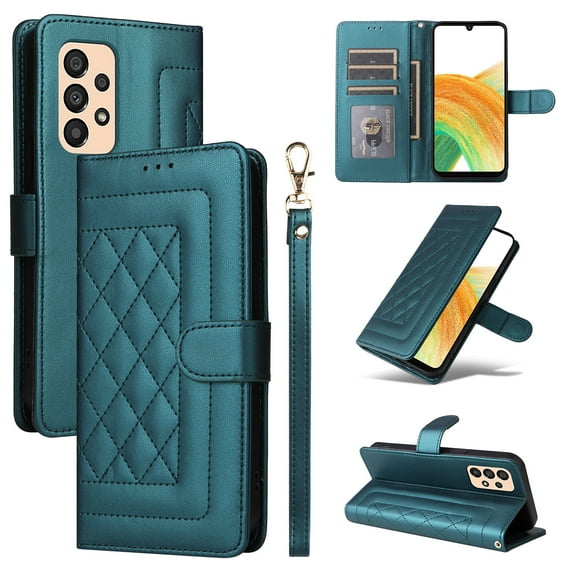 for Samsung Galaxy A32 5G Thin Fit Case Cover, Premium PU Leather Magnetic Wallet Flip Case with Stand Bracket Holder Flip Cover with Card Slots and Wrist Strap for Samsung Galaxy A32 5G - Darkgreen