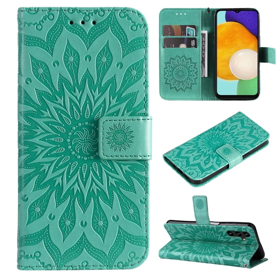 Samsung Galaxy A32 5G Wallet Case, Allytech Sunflower Embossed Flip Cover Kickstand Shockproof Protection Cards Slots Kickstand Wallet Wristlet for Samsung Galaxy A32 5G 6.5" - Green