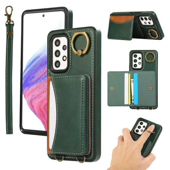 for Samsung Galaxy A32 5G Wallet Case with Card Slots, Hand Wrist Strap Rotate Ring Design, Finger Grip Ring PU Leather Magnetic Button Shockproof Purse Phone Cover for Galaxy A32 5G, Green