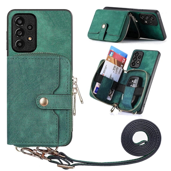 for Samsung Galaxy A32 5G Wallet Case, Crossbody Phone Purse with Card Holder for Women, Zipper PU Leather Carrying Cover Gift with Shoulder Strap Kickstand Anti-drop for A32 5G - Green