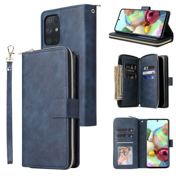 Samsung Galaxy A32 5G Wallet Case, Dteck ,Folio Flip Leather Cover[Zipper Pocket][Wrist Strap][Kickstand ][Magnetic Closure][9 Card Slots] for Samsung Galaxy A32 5G, Blue