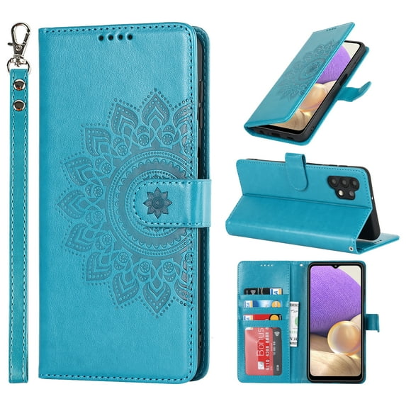 for Samsung Galaxy A32 5G Wallet Case, with Hand Strap Embossed Mandala Pattern Flower Premium PU Leather Protective Full Flip Phone Case Cover for Samsung Galaxy A32 5G,Blue