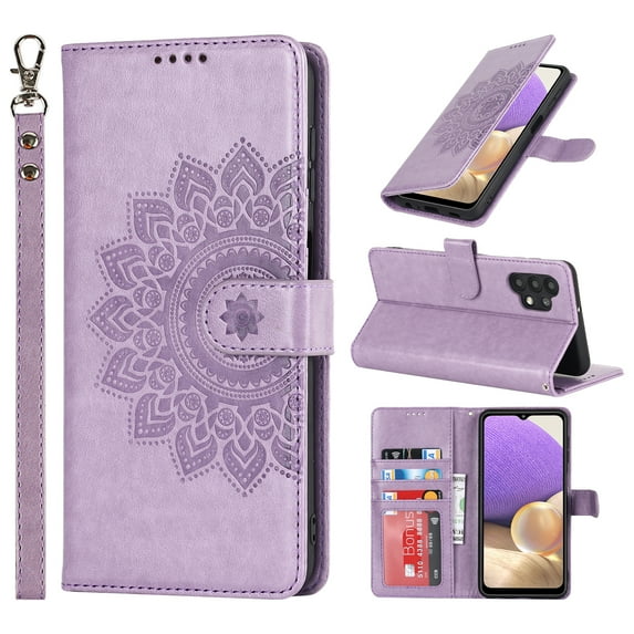 for Samsung Galaxy A32 5G Wallet Case, with Hand Strap Embossed Mandala Pattern Flower Premium PU Leather Protective Full Flip Phone Case Cover for Samsung Galaxy A32 5G,Purple