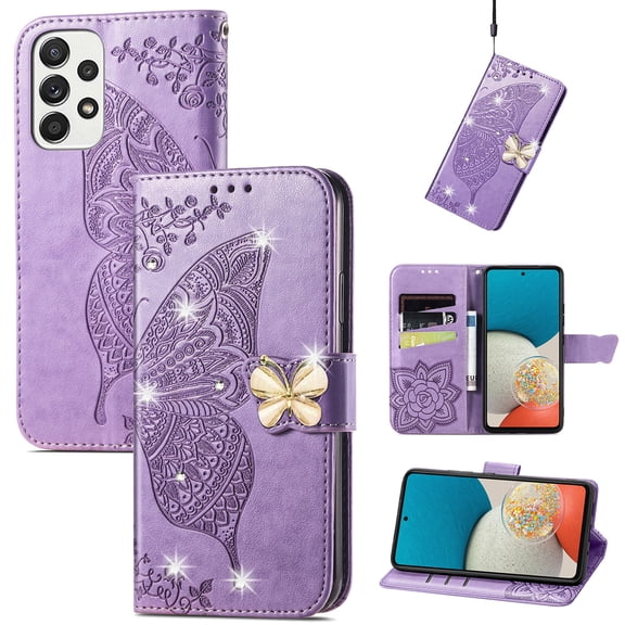 Samsung Galaxy A32 5G Wallet Case, Mantto Bling Butterfly Flower PU Leather Flip Phone Cover Credit Cards Slot Shockproof Protective Kickstand Case for Samsung Galaxy A32 5G, Lightpurple