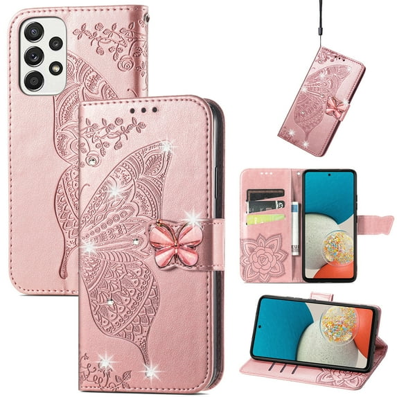 Samsung Galaxy A32 5G Wallet Case, Mantto Bling Butterfly Flower PU Leather Flip Phone Cover Credit Cards Slot Shockproof Protective Kickstand Case for Samsung Galaxy A32 5G, Rosegold
