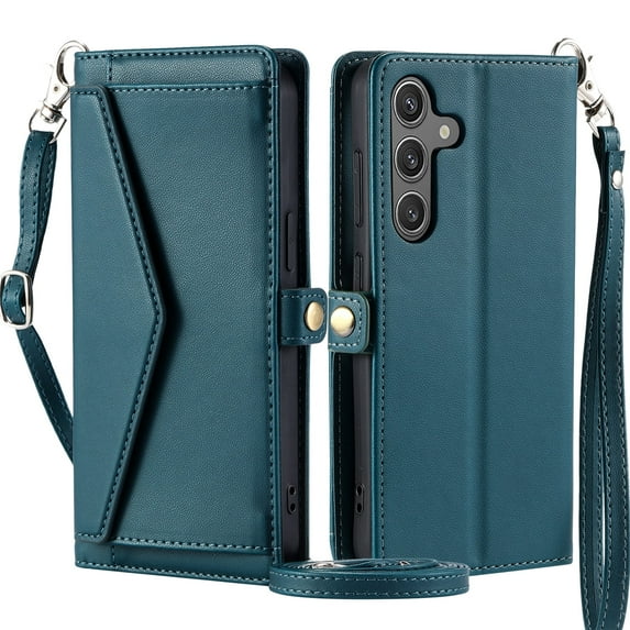 For Samsung Galaxy A32 5G Wallet Case, RFID Blocking Crossybody Shoulder Strap Hand Wrist Flip Cover Carsd Holder Snap Closure Protective Phone Case for Samsung Galaxy A32 5G, Green